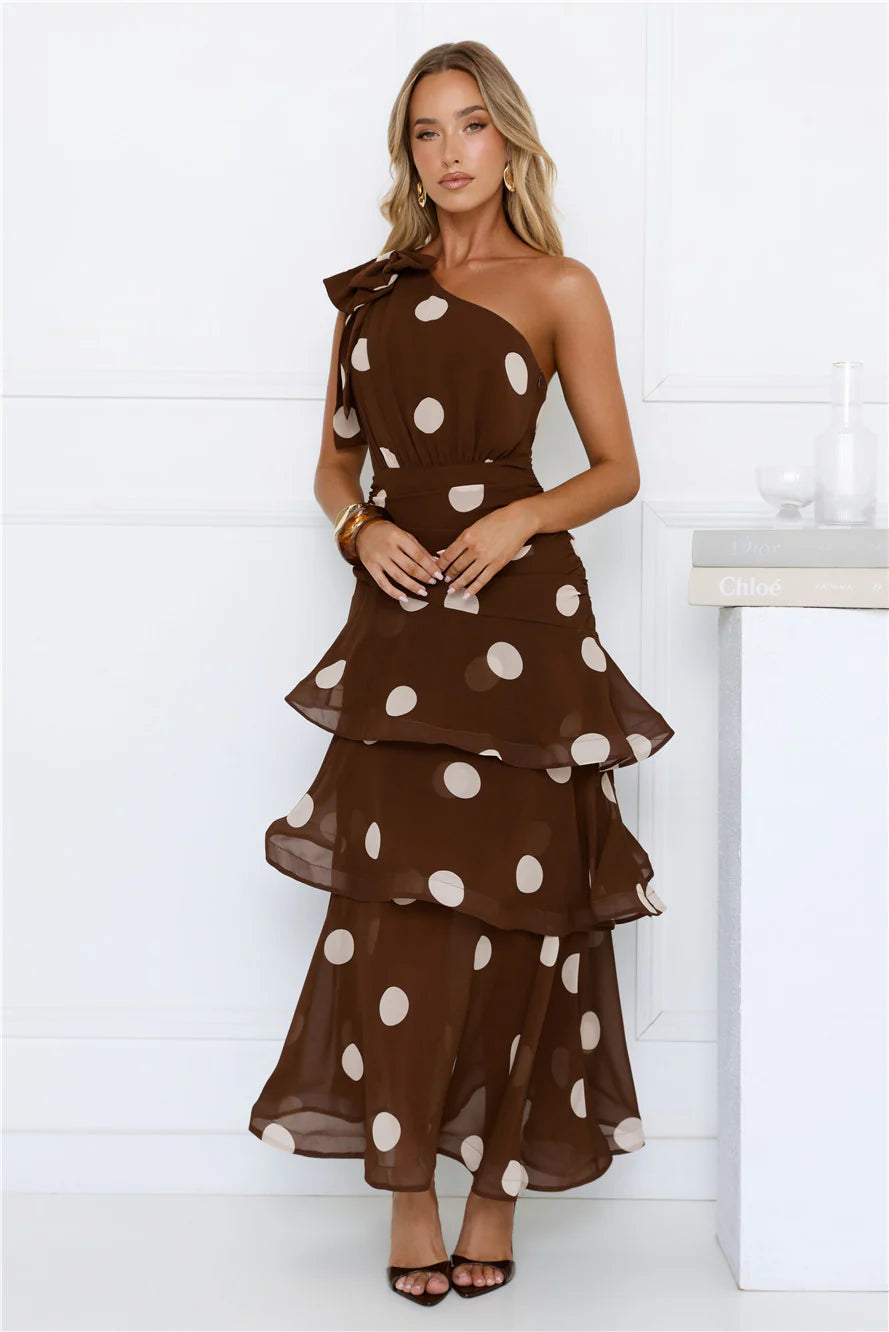 She's Trendy One Shoulder Polka Dot Maxi Dress Brown