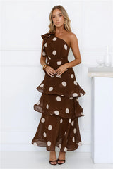 She's Trendy One Shoulder Polka Dot Maxi Dress Brown